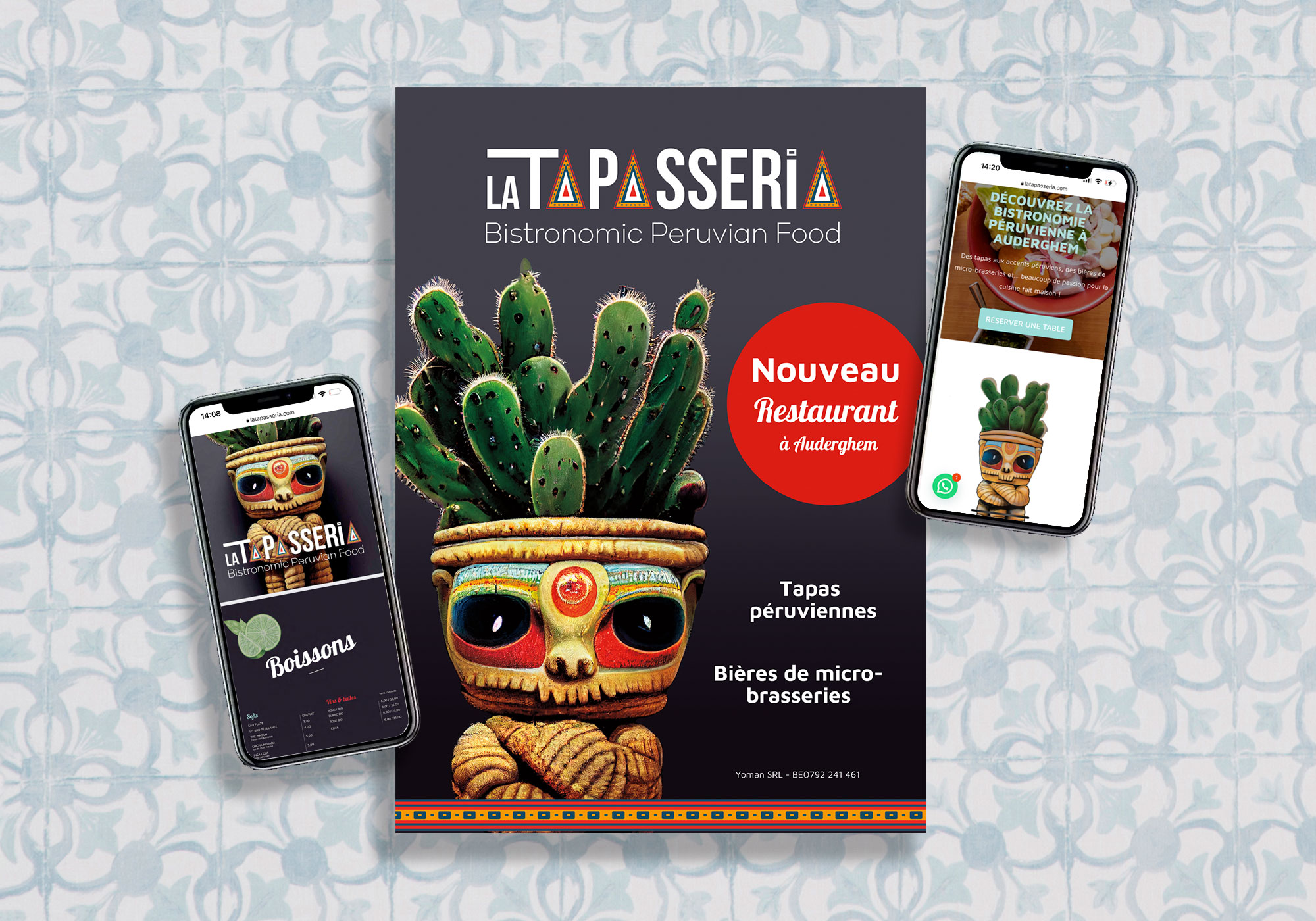 Réalisation de l'identité graphique, logo, flyers, shootings réseaux sociaux et site web WordPress pour le restaurant La Tapasseria