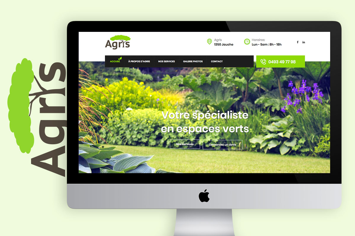 Réalisation de l'identité graphique, logo, flyers, cartes de visite et site web WordPress pour Agris Parcs & Jardins